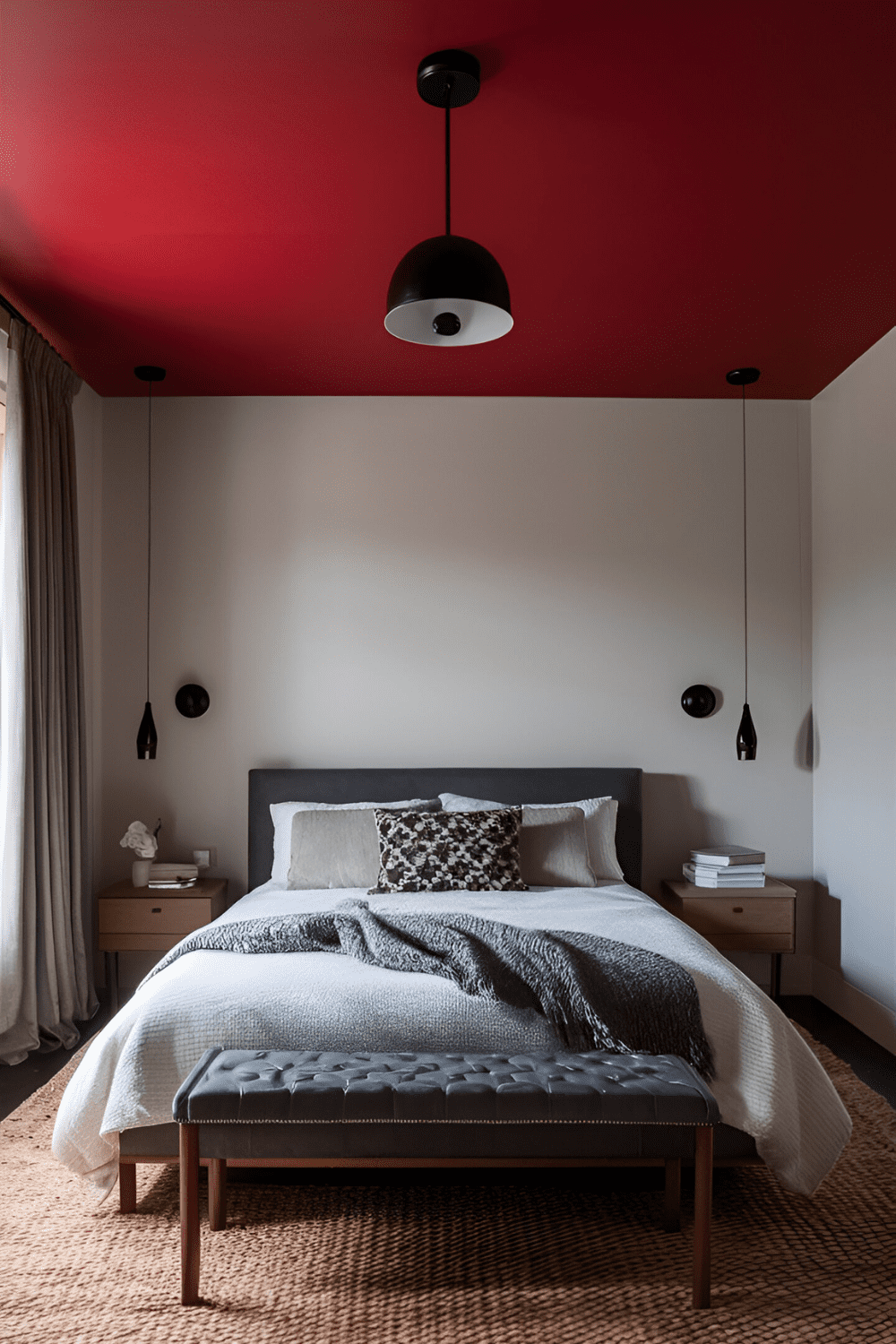 Unique bedroom with a bold red ceiling paired with neutral-colored walls and minimalist furniture for an intimate stylish look