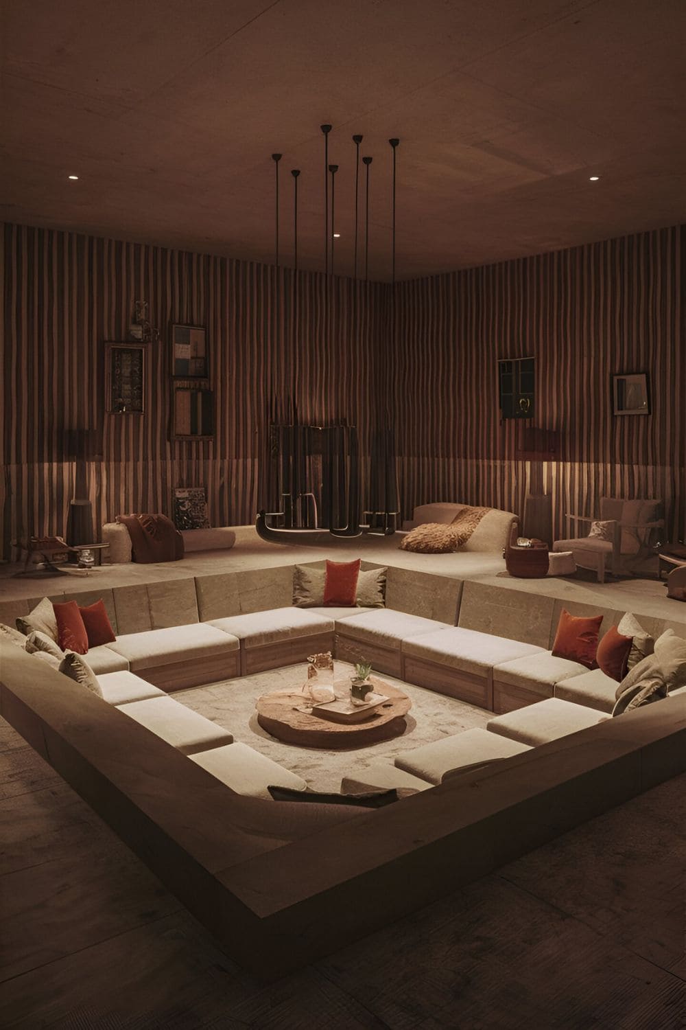 Unique rectangular living room featuring a conversation pit_ a sunken seating area with cushions and low sofas arranged around it