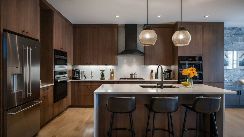 Sleek Kitchen With Brown Cabinets