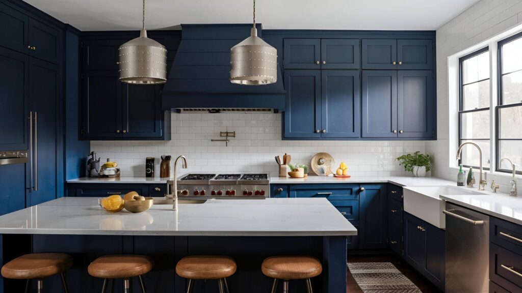 Kitchen Painted White With Navy Blue Cabinets