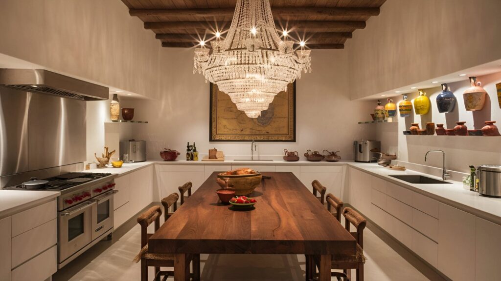 Luxurious kitchen with chandelier and wall decor visible