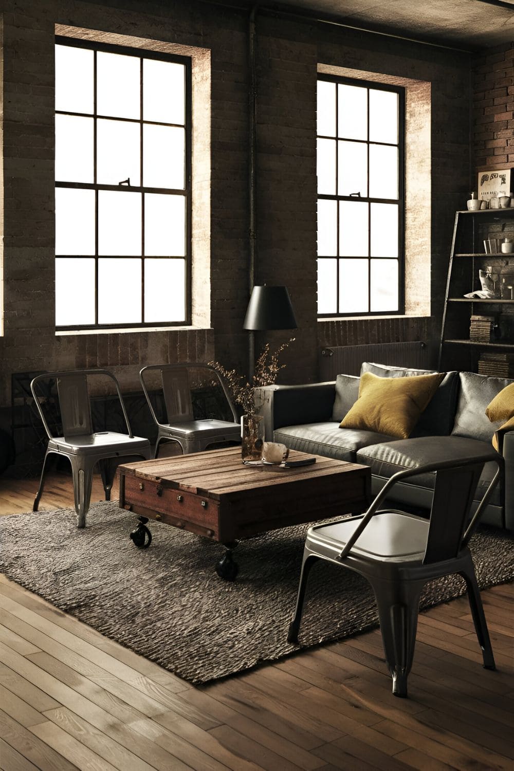 Urban rectangular living room with a loft-style layout featuring industrial furniture like metal chairs and a wooden coffee table exposed brick walls and large windows