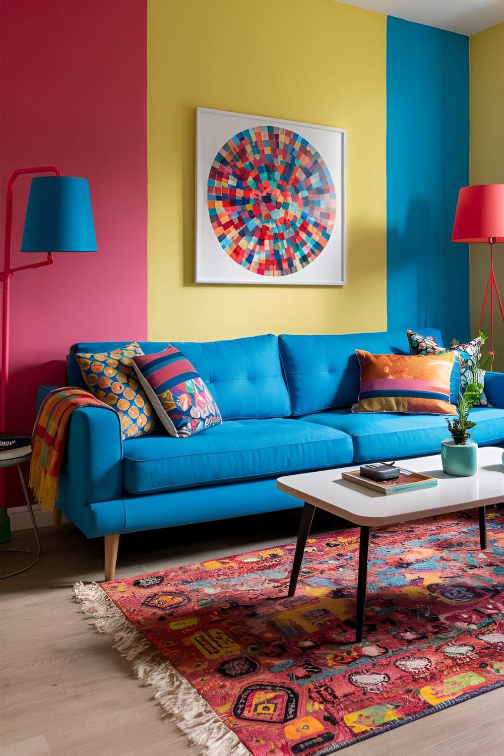 Vibrant rectangular living room using bold color blocks_ a bright blue sofa against a contrasting yellow wall colorful cushions and accessories