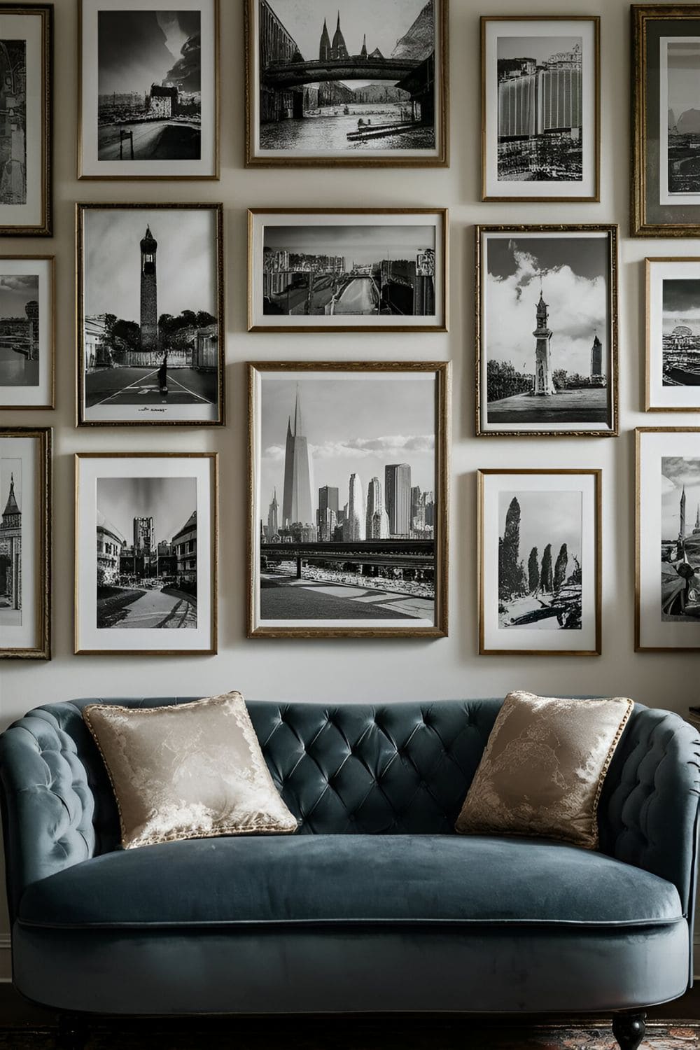 Vintage black and white photographs in elegant frames on a gallery wall in a living room