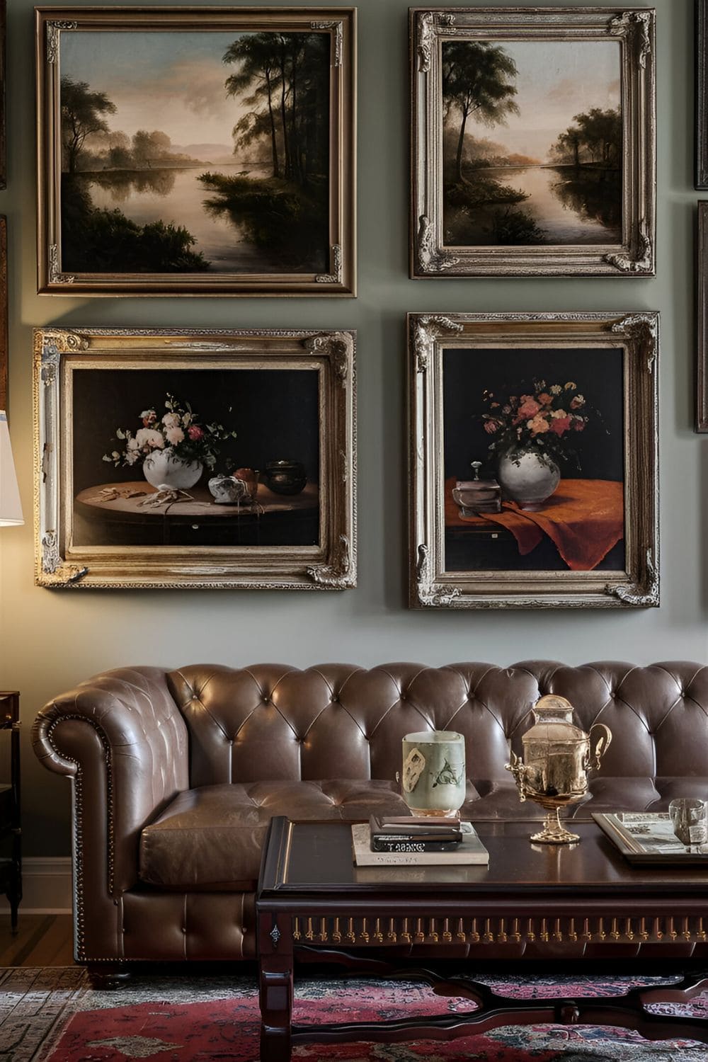 Vintage oil paintings depicting landscapes and still lifes hung above a leather sofa