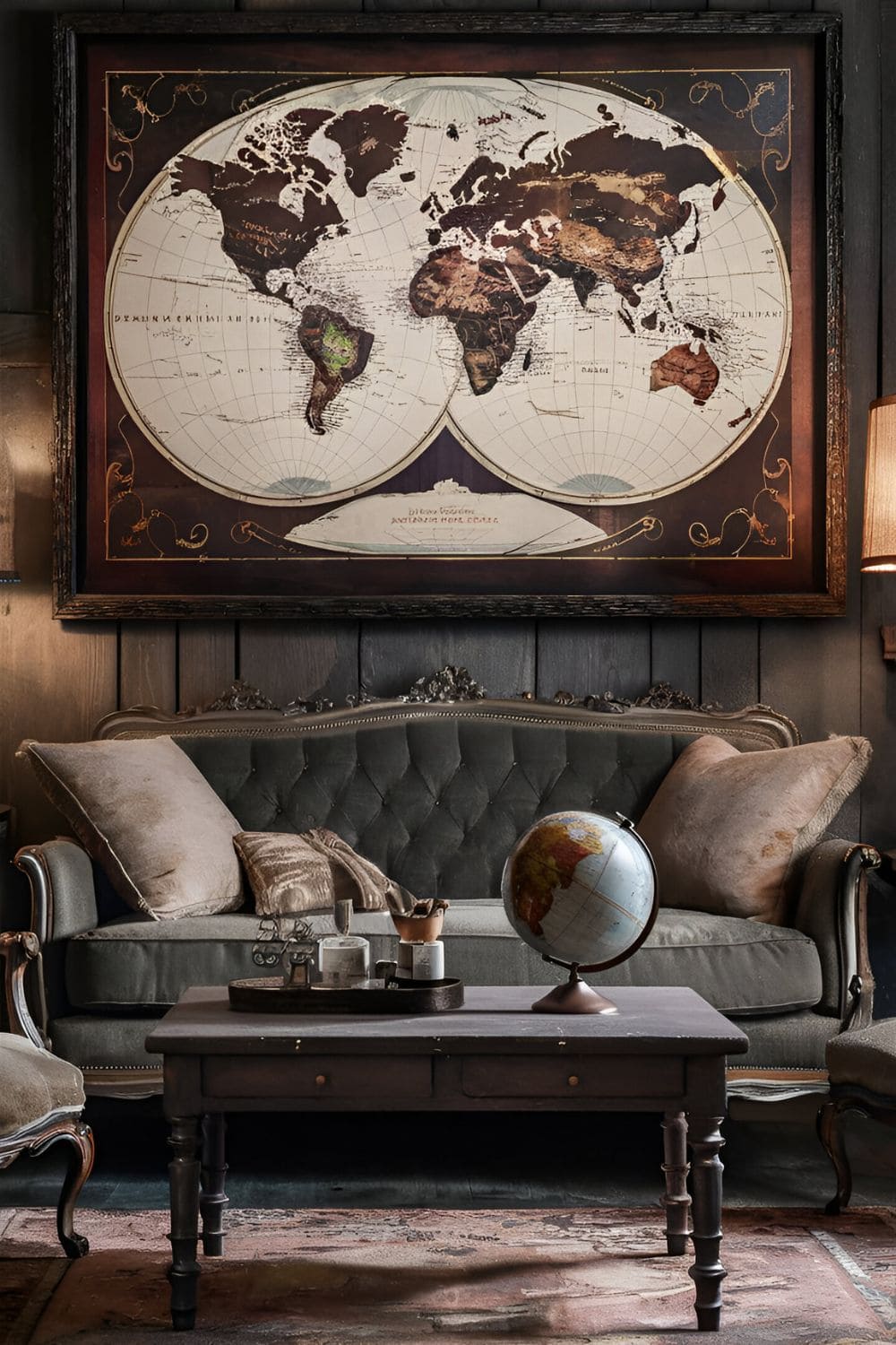 Vintage world map framed in dark wood hanging above a cozy sofa in a rustic living room