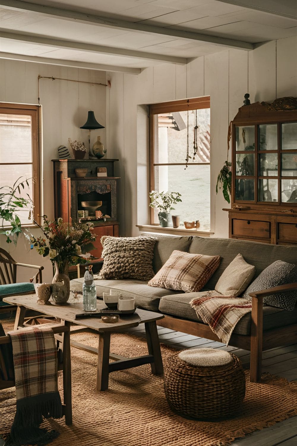 Warm and homely rectangular living room with rustic farmhouse style_ wooden furniture vintage pieces cozy textiles like a plaid throw and knitted cushions