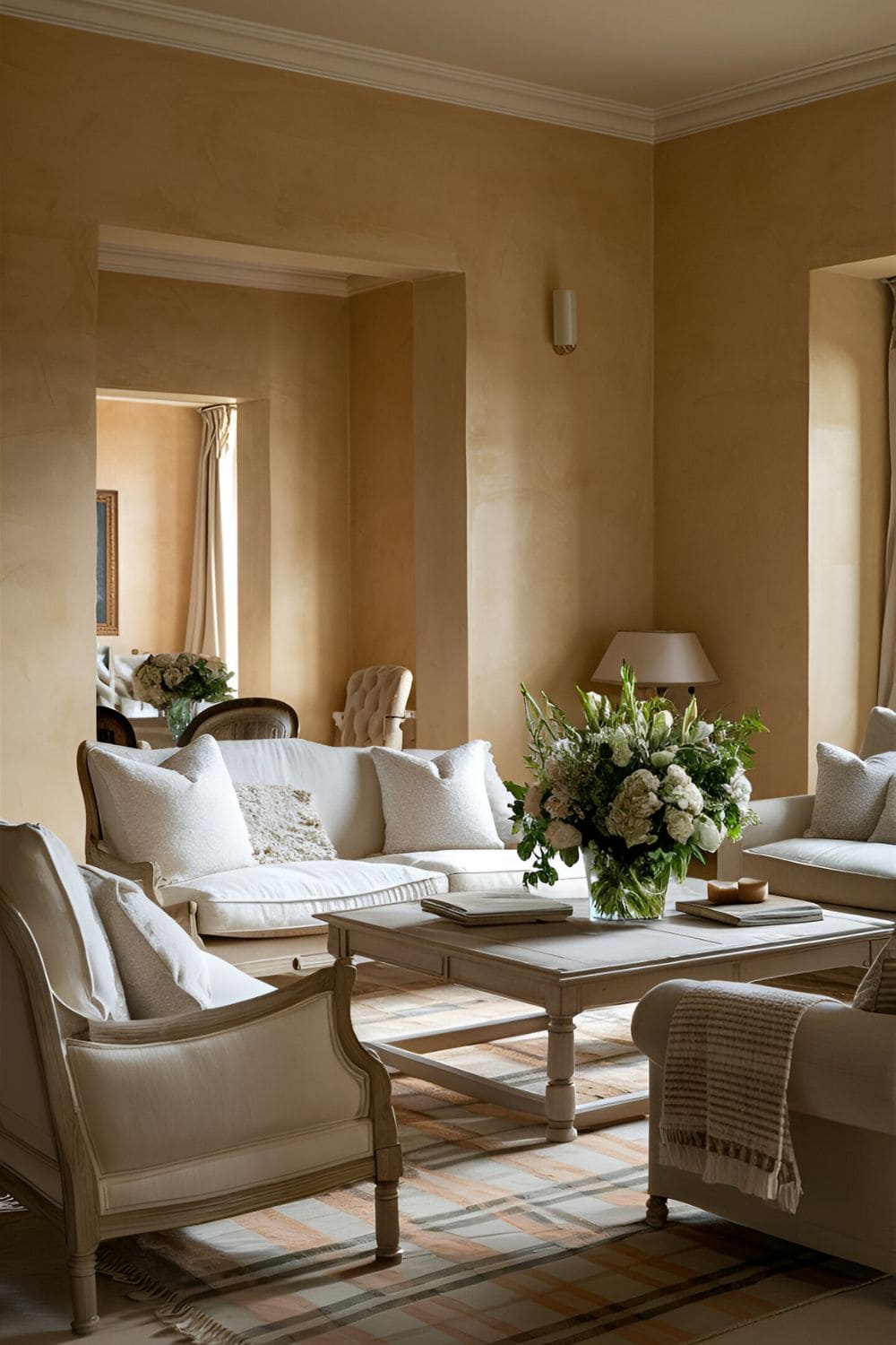 Warm and inviting living room with beige walls wooden furniture and soft neutral decor