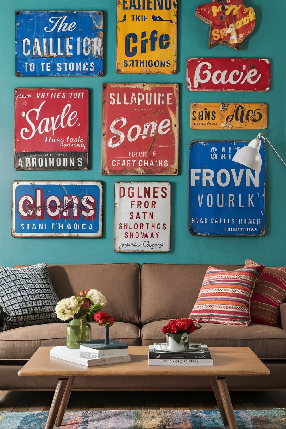 Weathered vintage signs creating an eclectic gallery wall in a retro living room