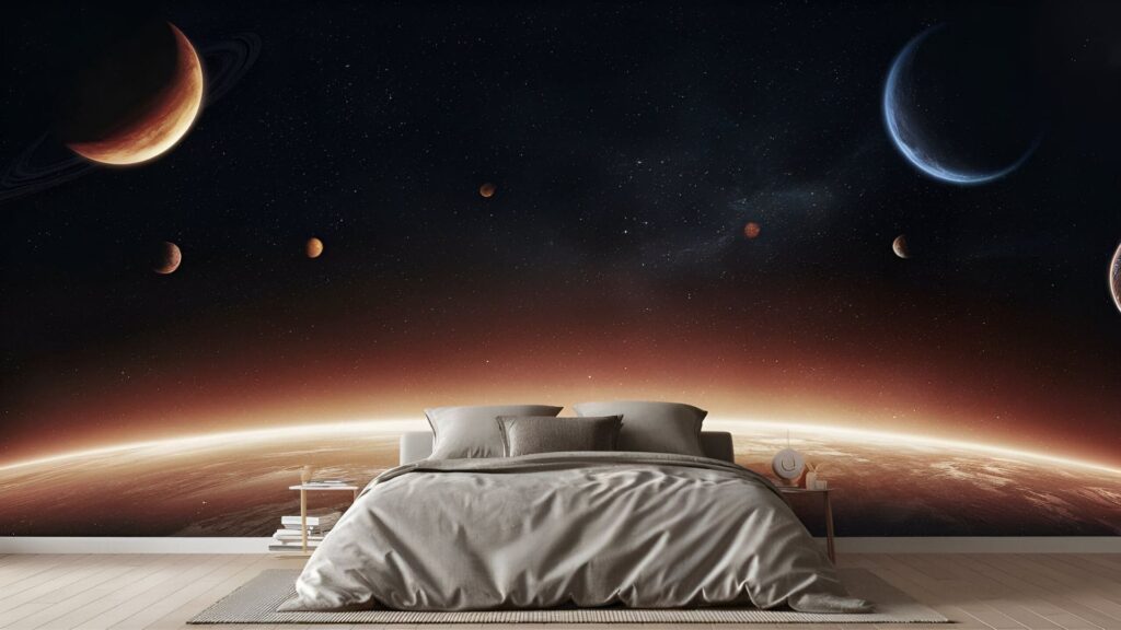 aesthetic bedroom with space wallpaper