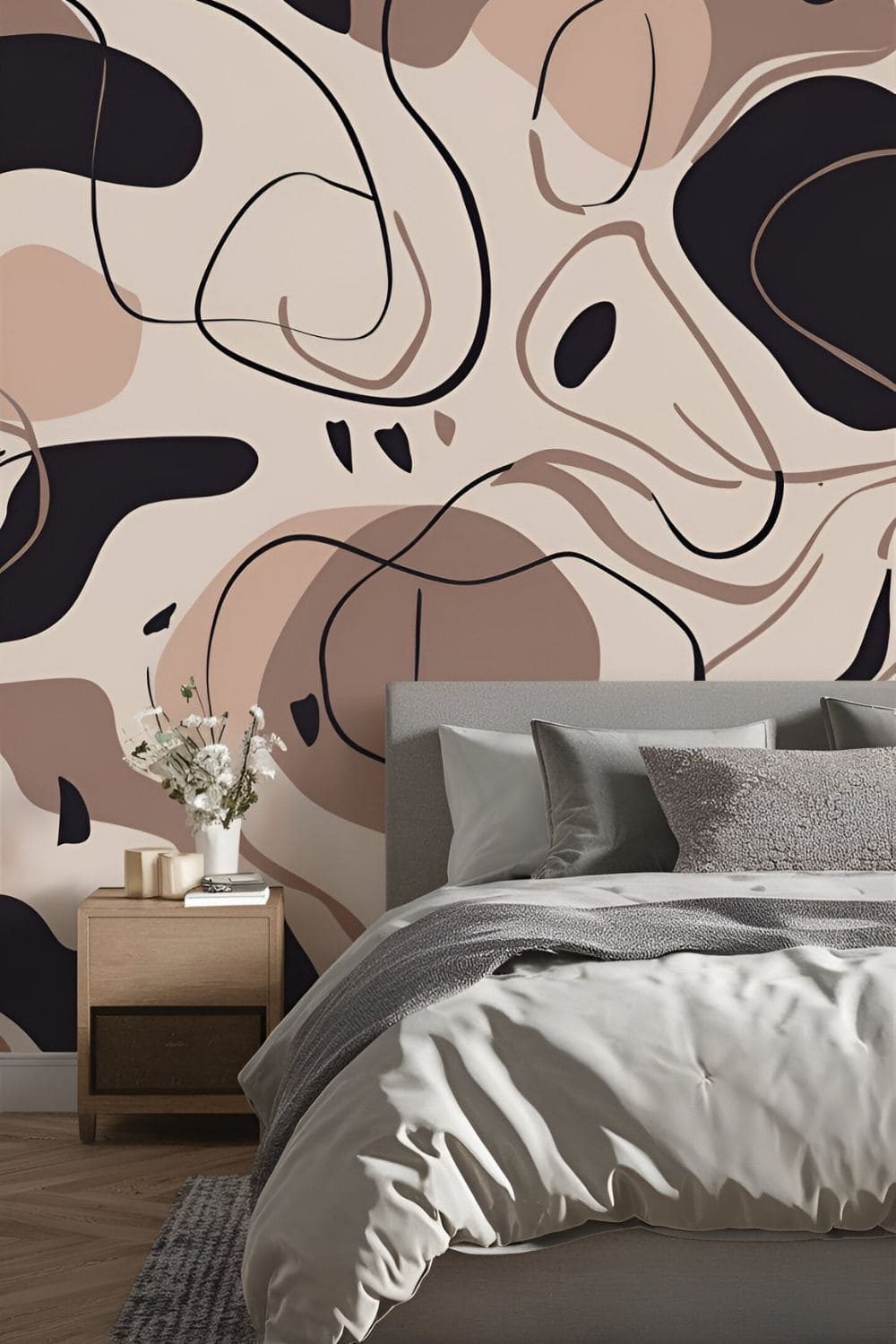 bedroom with a good wallpaper of abstract art