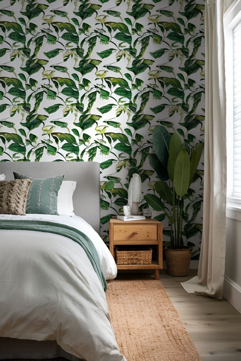 bedroom with a good customized wallpaper with botanical print