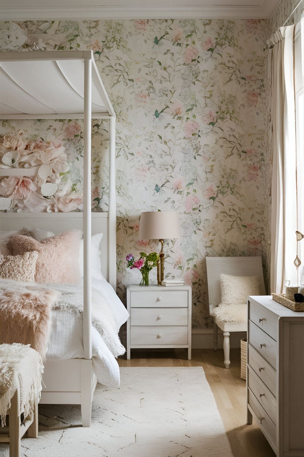 bedroom with a good wallpaper of floral patterns