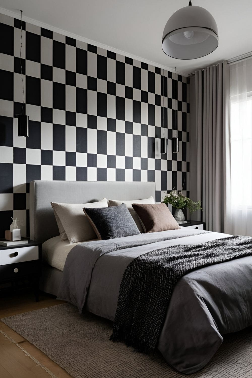 bedroom with a good wallpaper of geometric designs