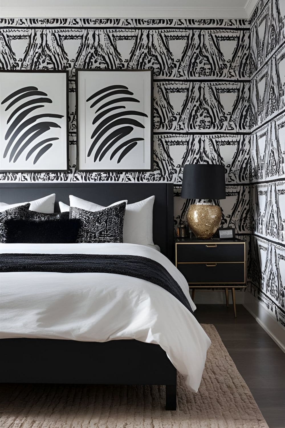 bedroom with a good wallpaper of monochromatic design