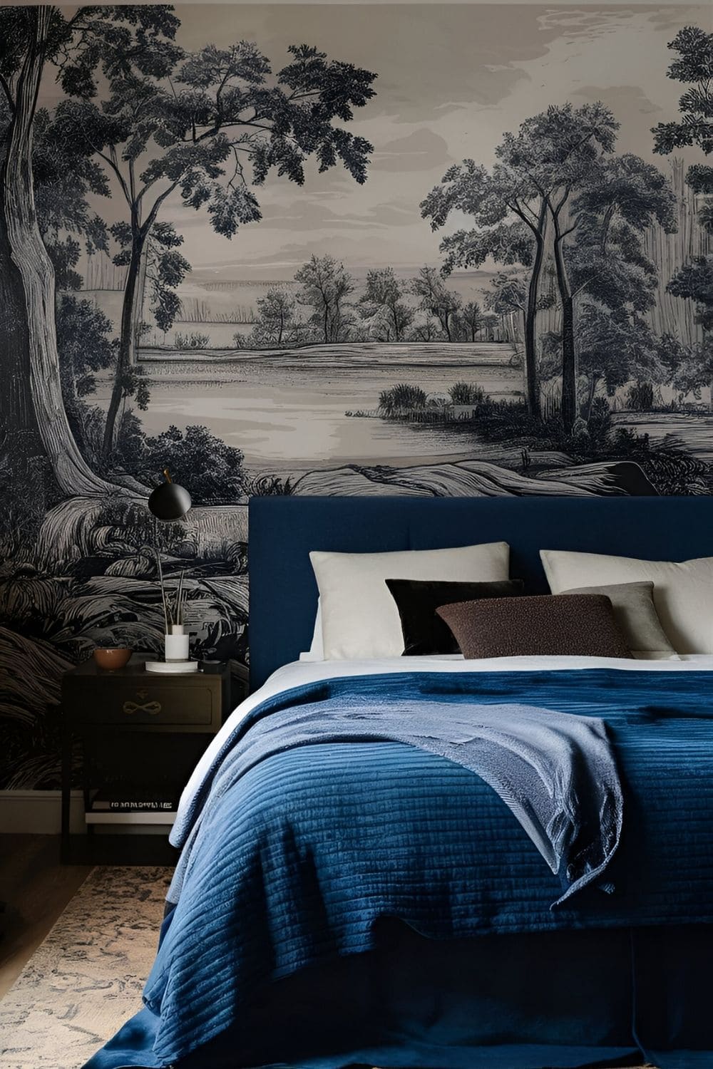 bedroom with a good wallpaper of mural design