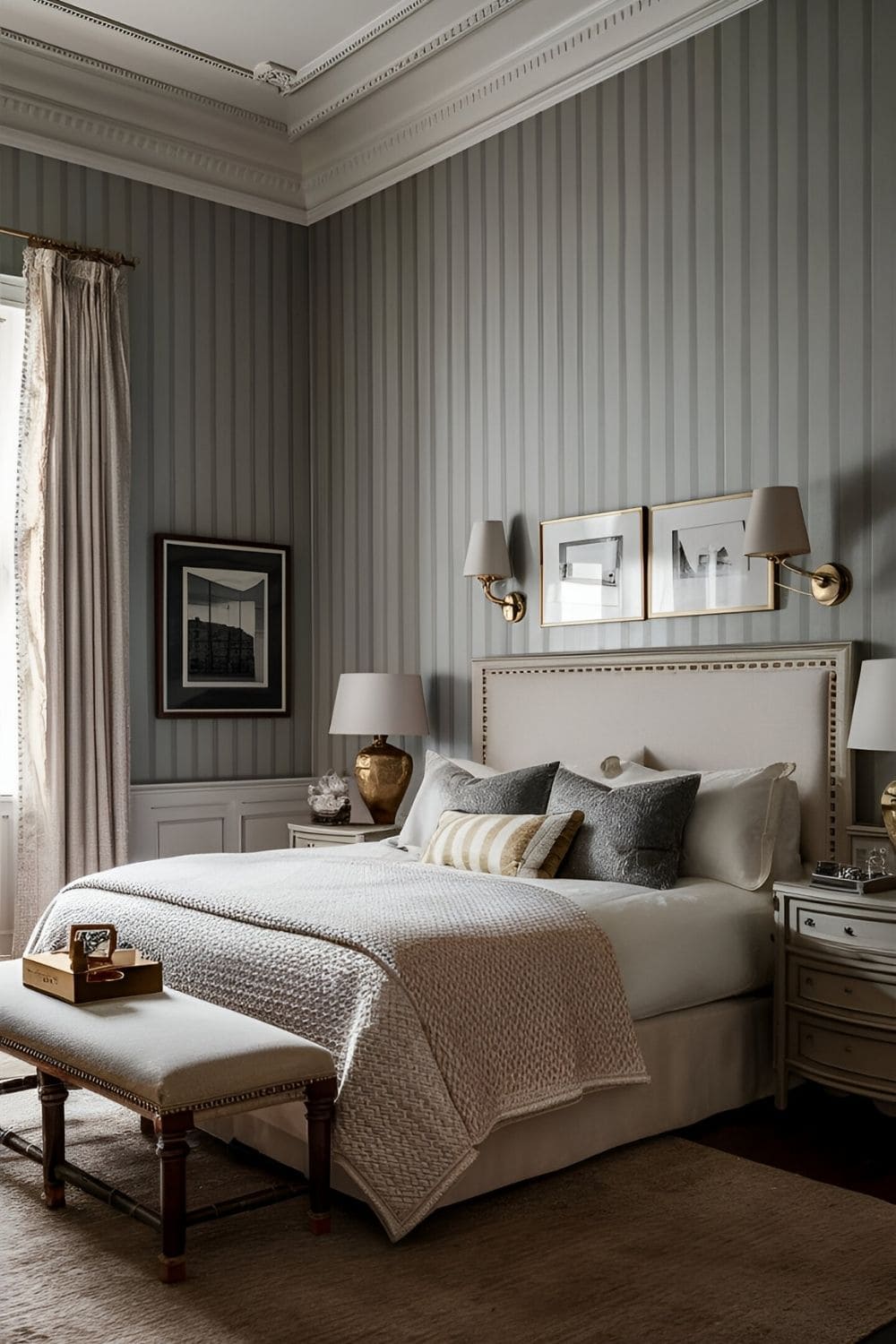 bedroom with a good wallpaper of stripes