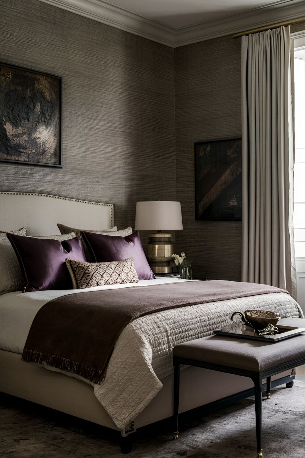 bedroom with a good wallpaper of textured patterns