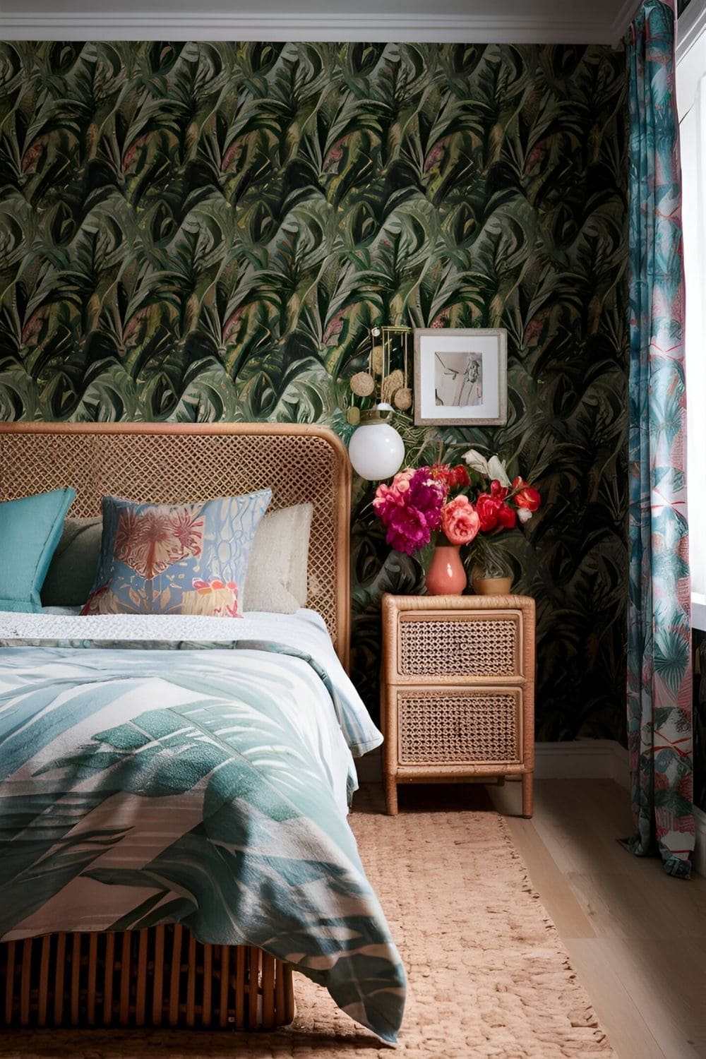 bedroom with a good wallpaper of tropical prints