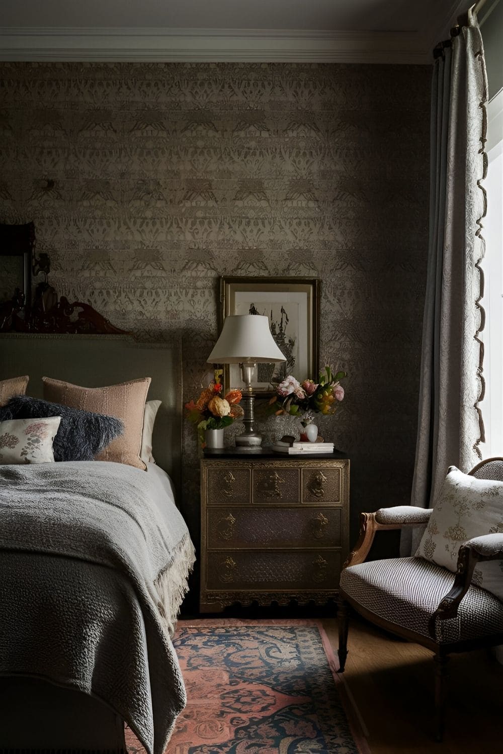 bedroom with a good wallpaper of vintage design