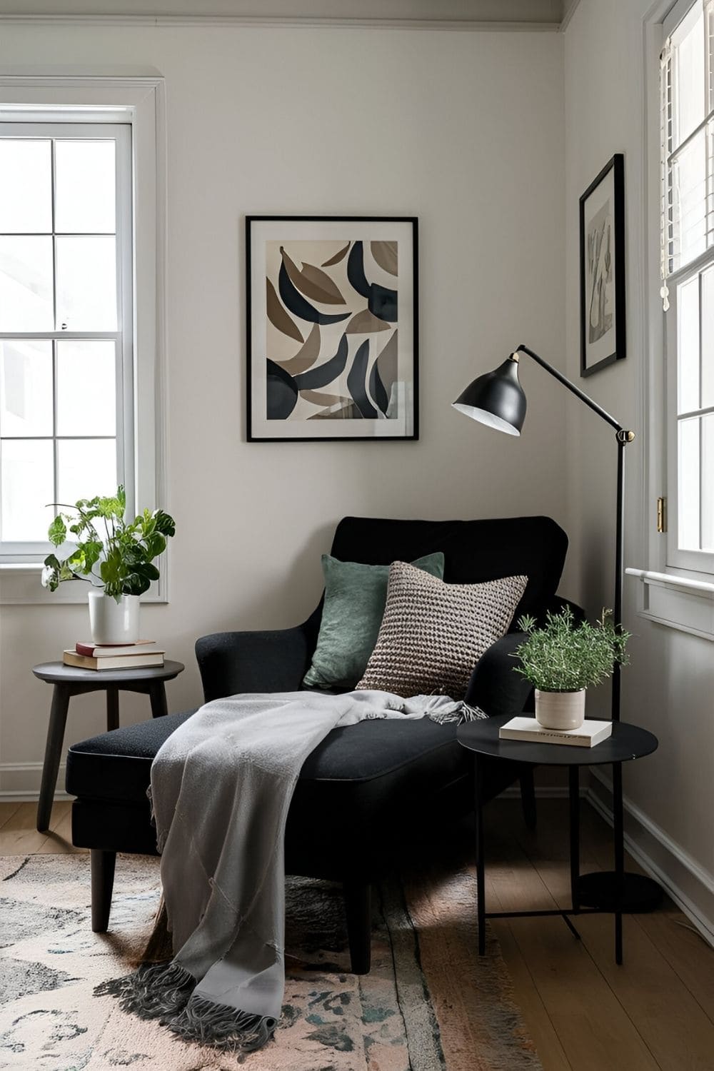 bedroom with black furniture and a cozy corner