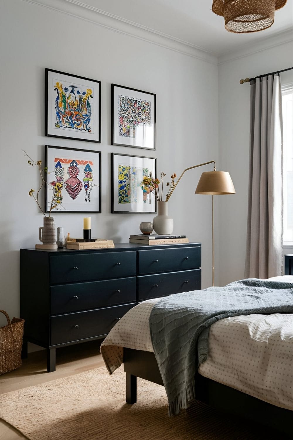 bedroom with black furniture and art pieces