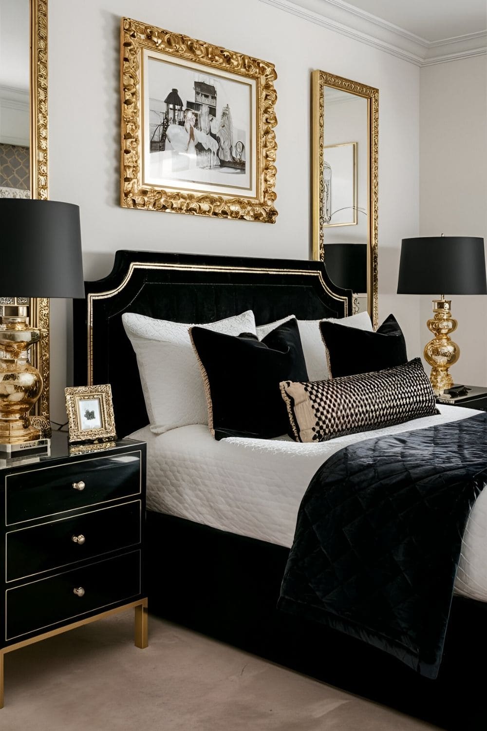 bedroom with black furniture and black and gold design