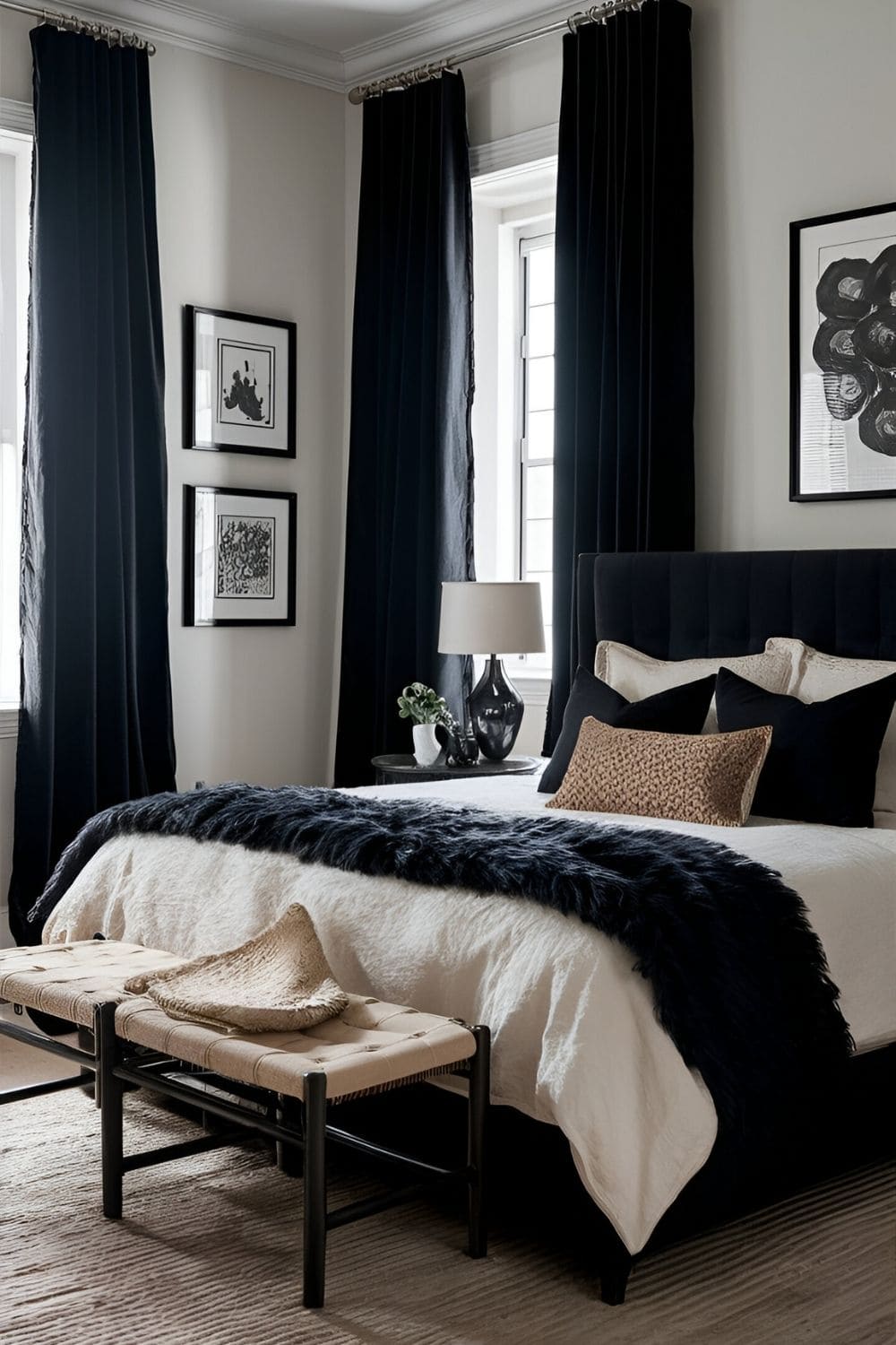 bedroom with black furniture and black curtain