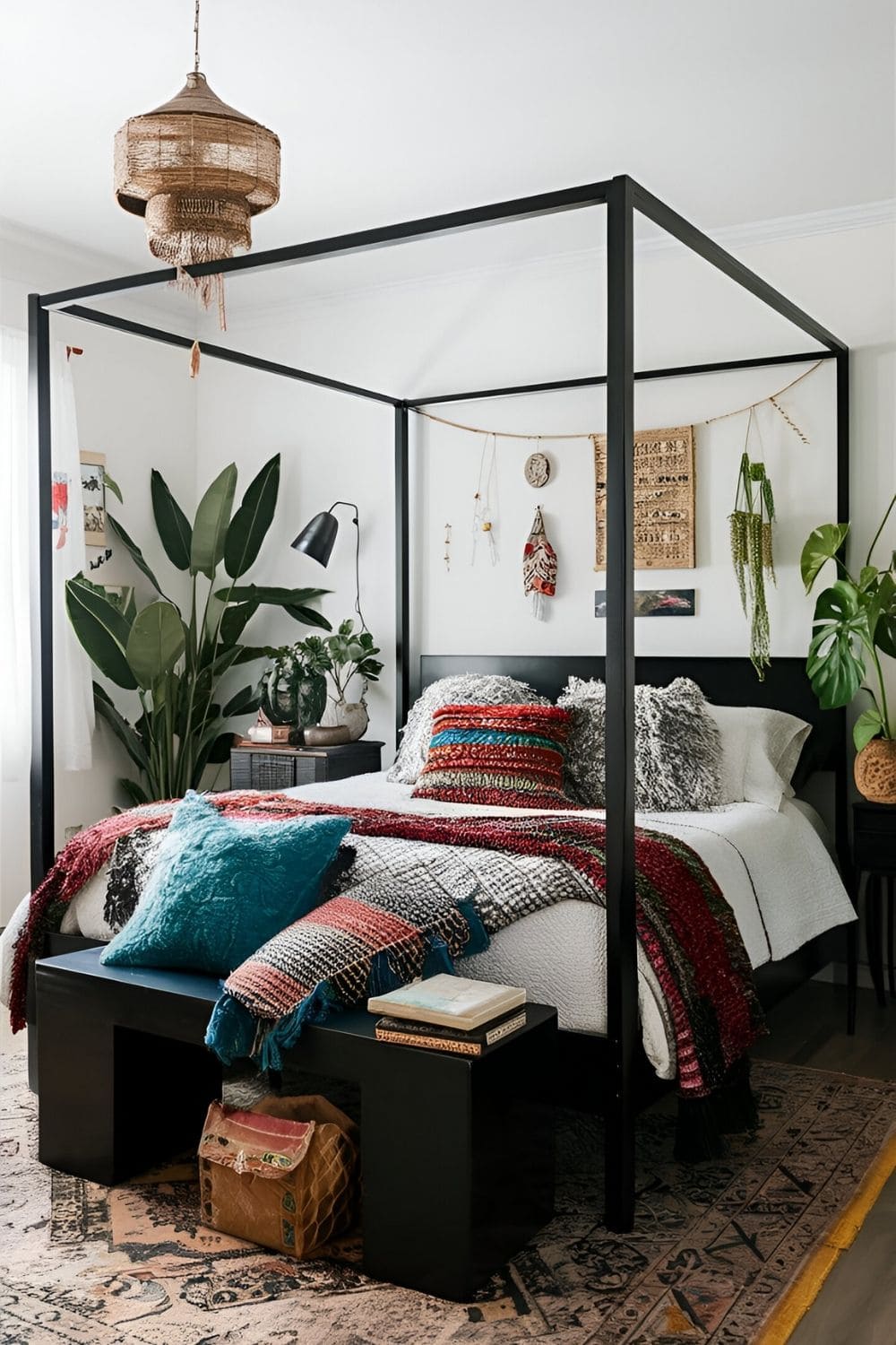 bedroom with black furniture and bohemian design