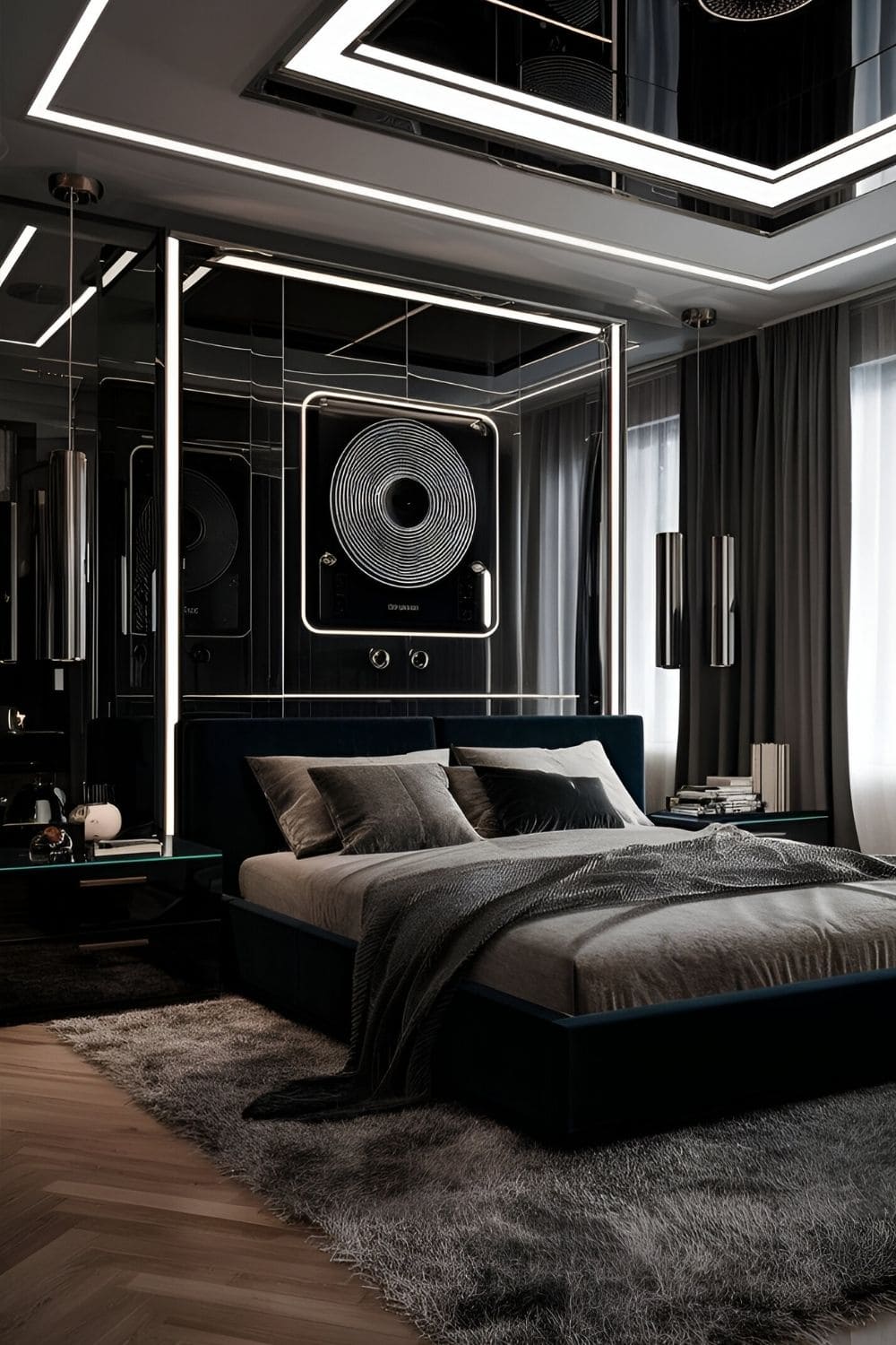 bedroom with black furniture and futuristic design