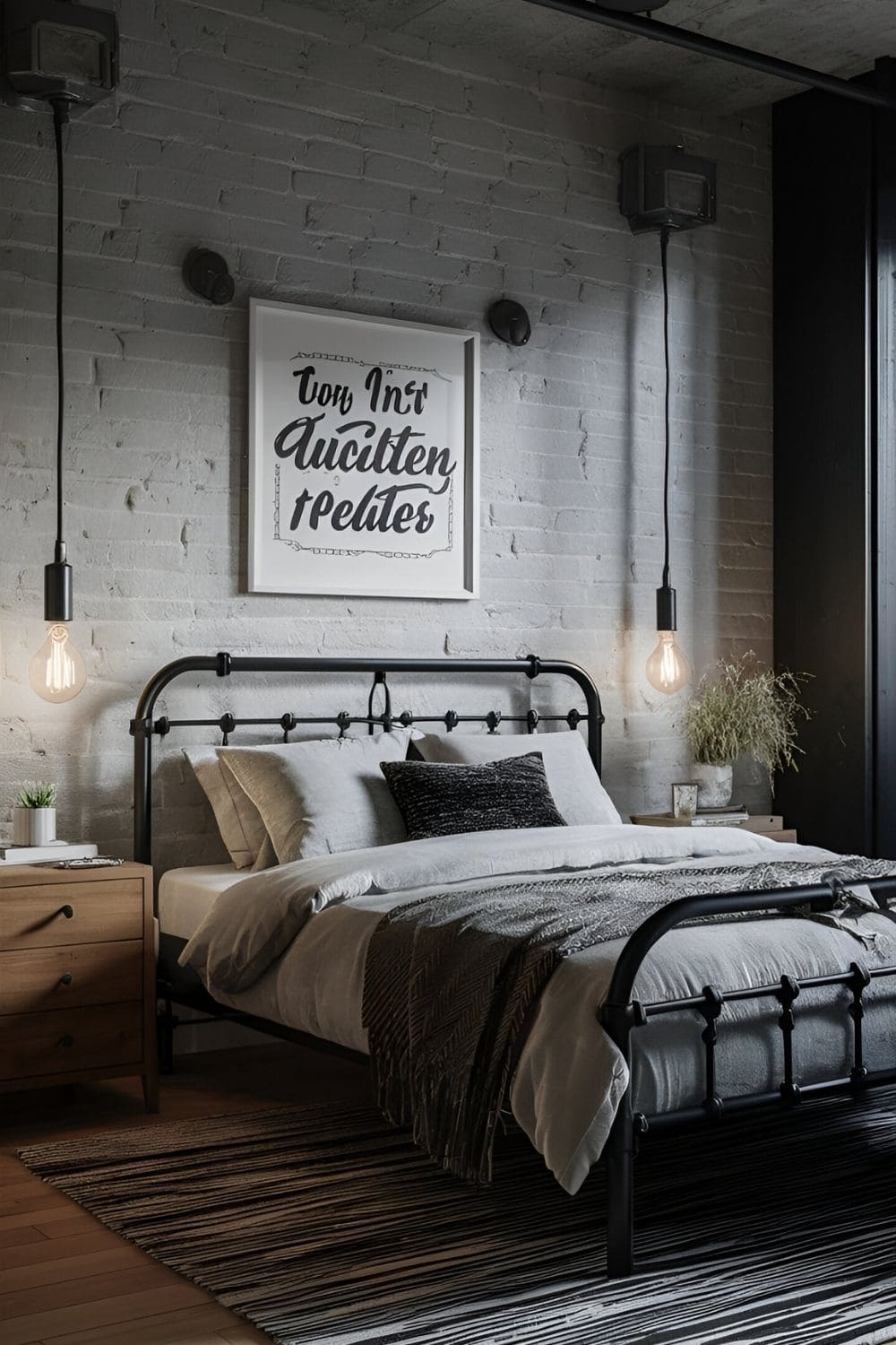 bedroom with black furniture and industrialist style