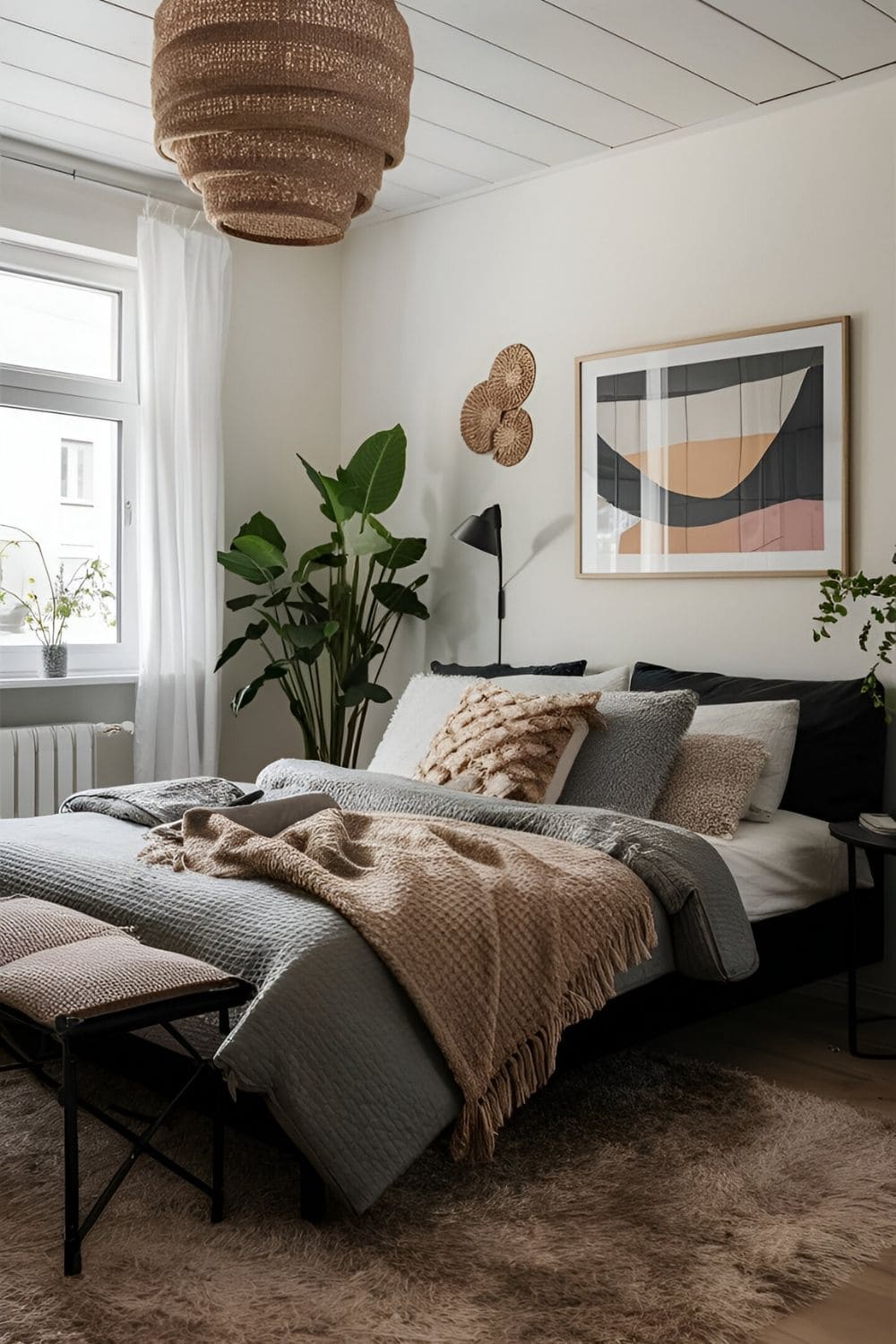 bedroom with black furniture and sofy textures