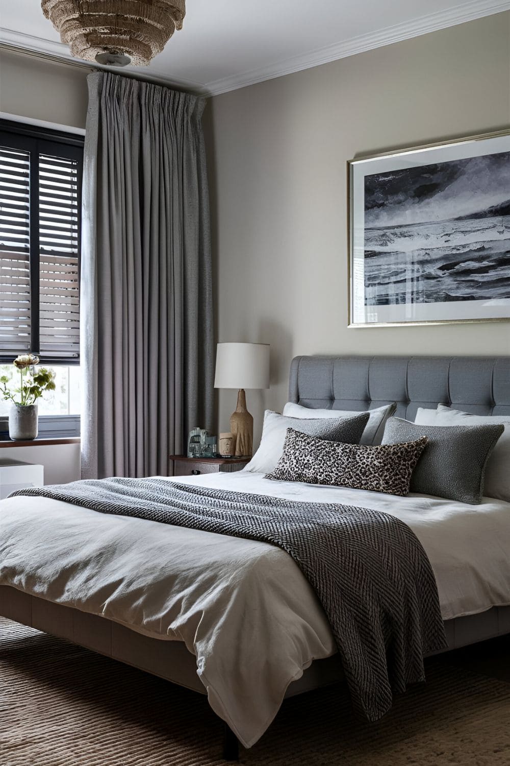 bedroom with window behind headboard Layered Window Treatments