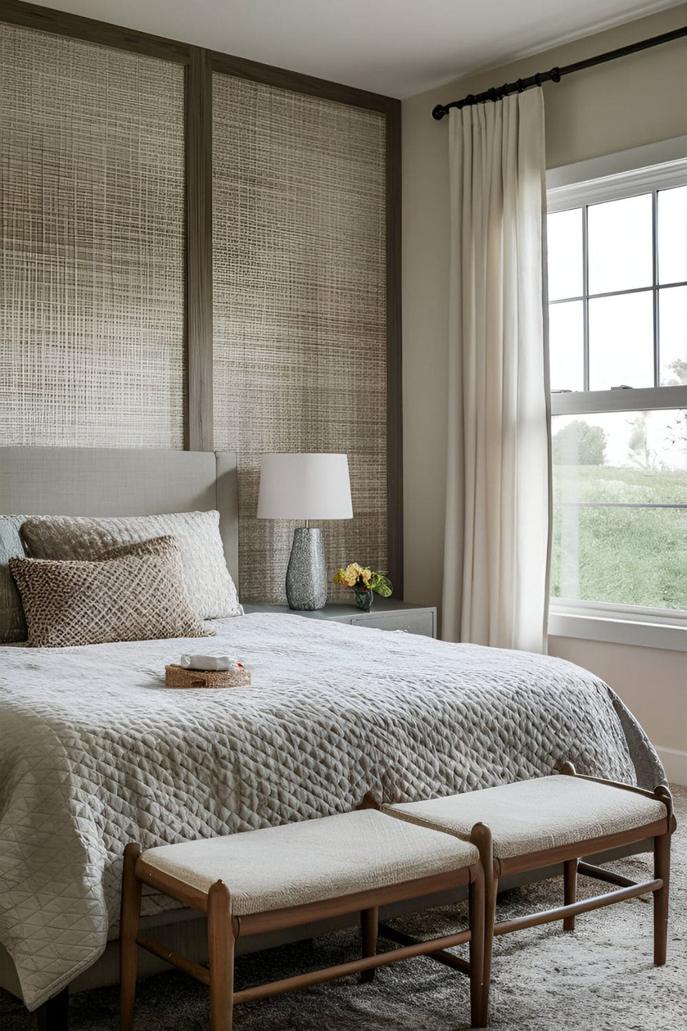 bedroom with window behind headboard Textured Wall Coverings