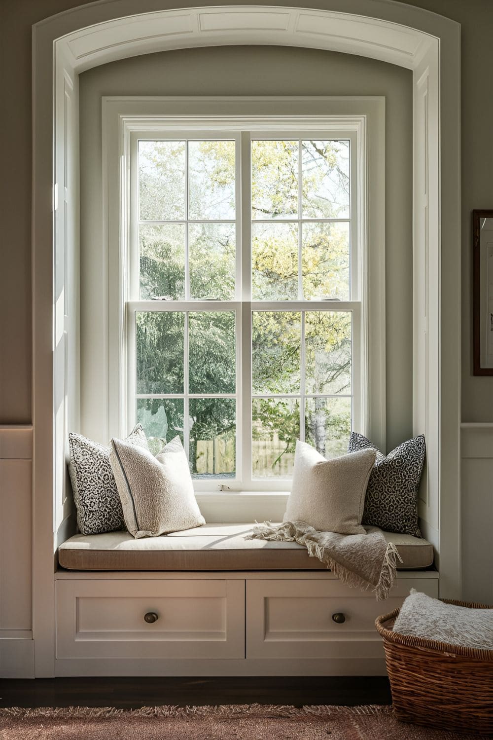 bedroom with window behind headboard Window Seat