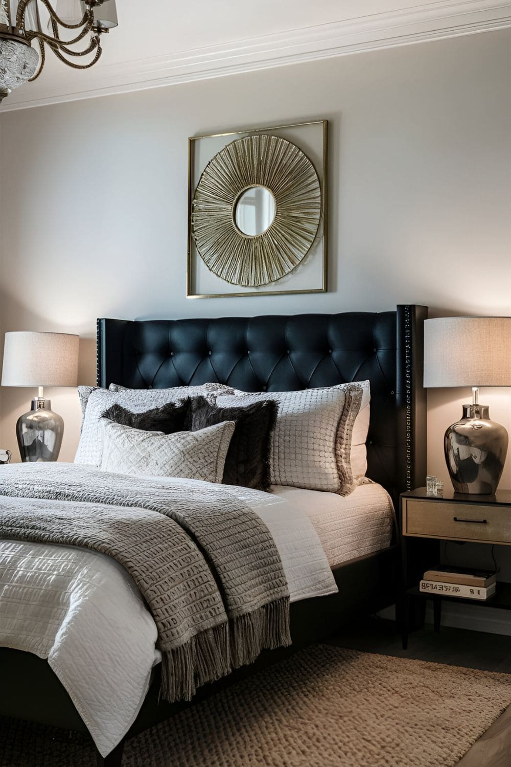 black bedroom with bed with black headboard