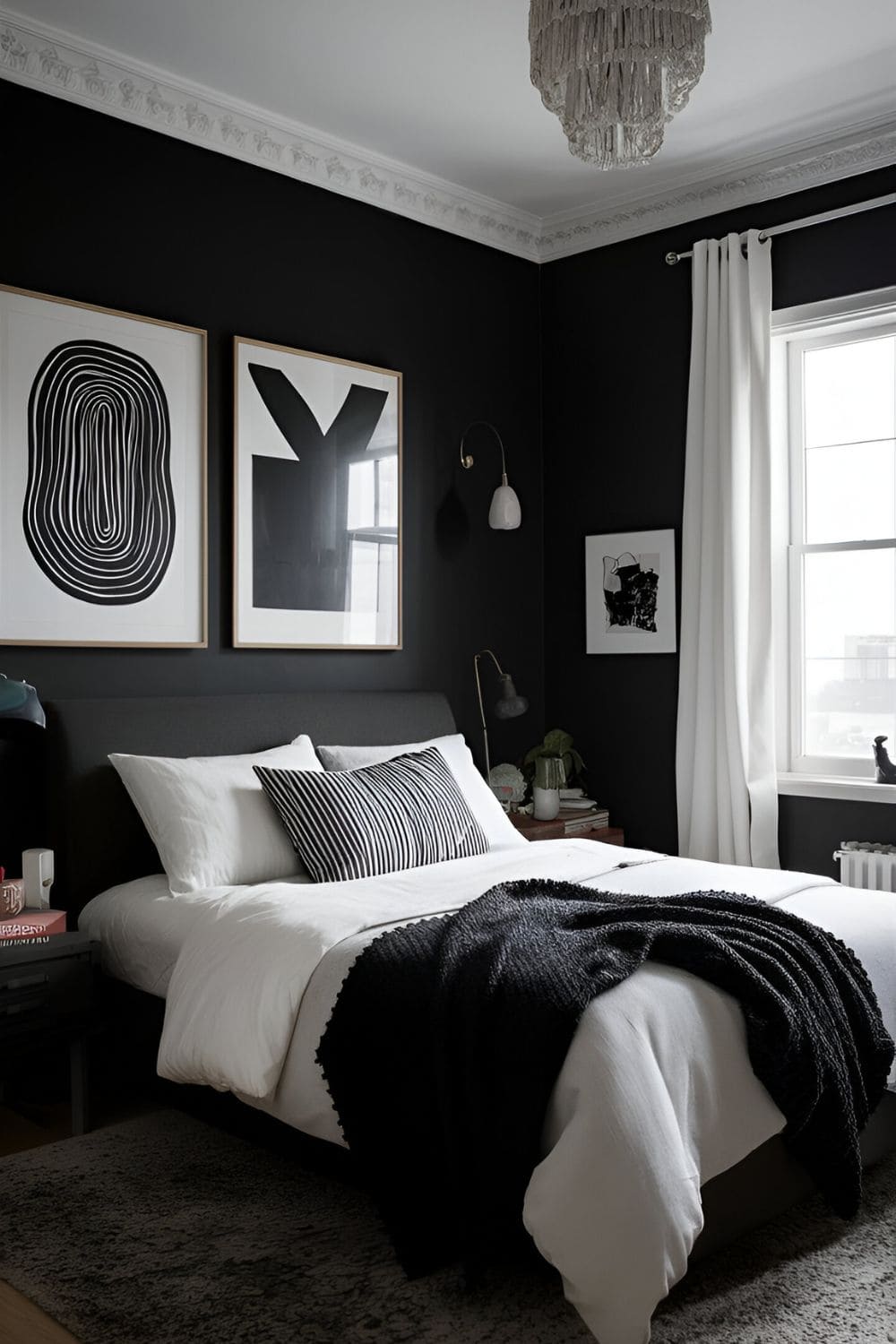 black bedroom with black and white artwork