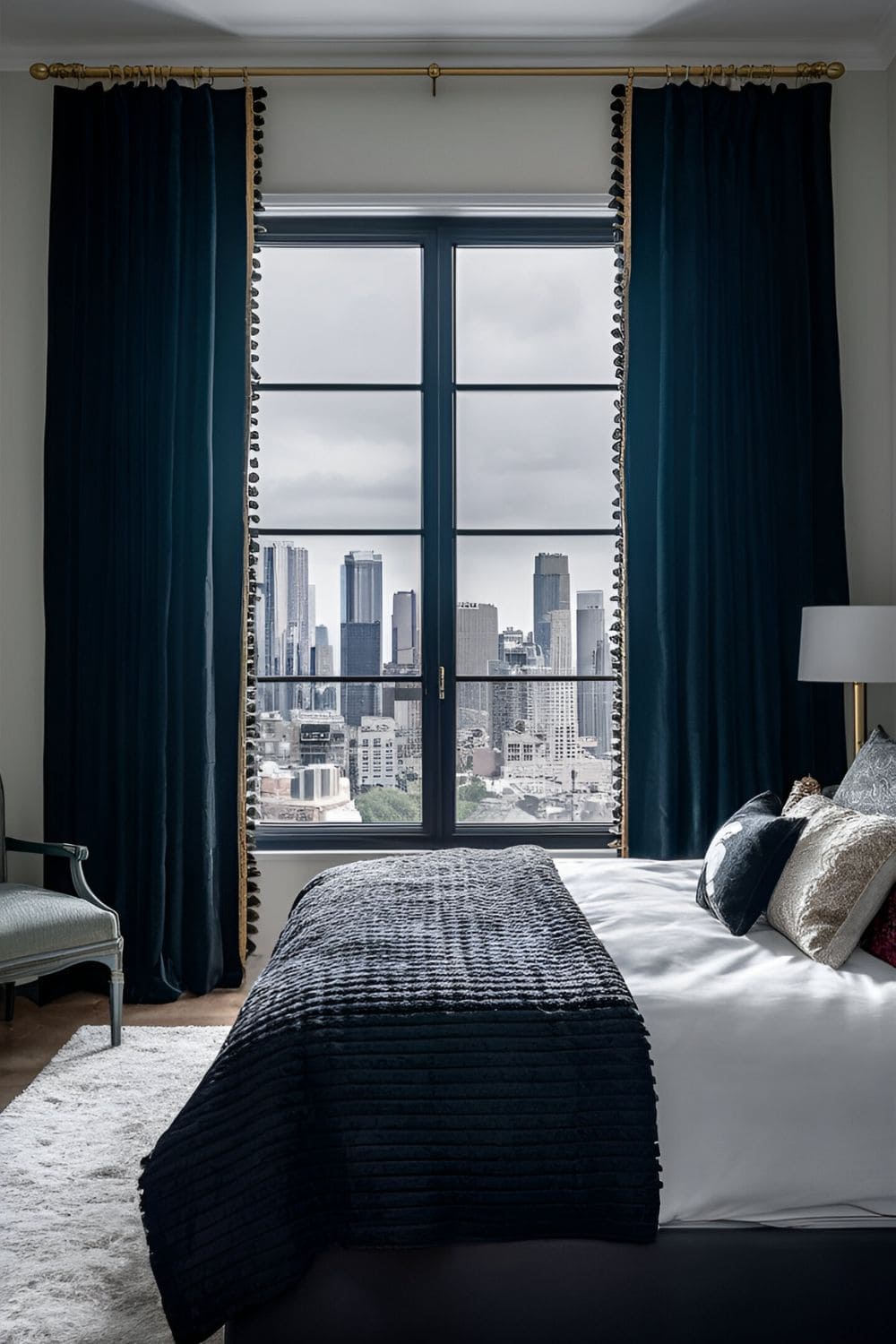 black bedroom with black curtains