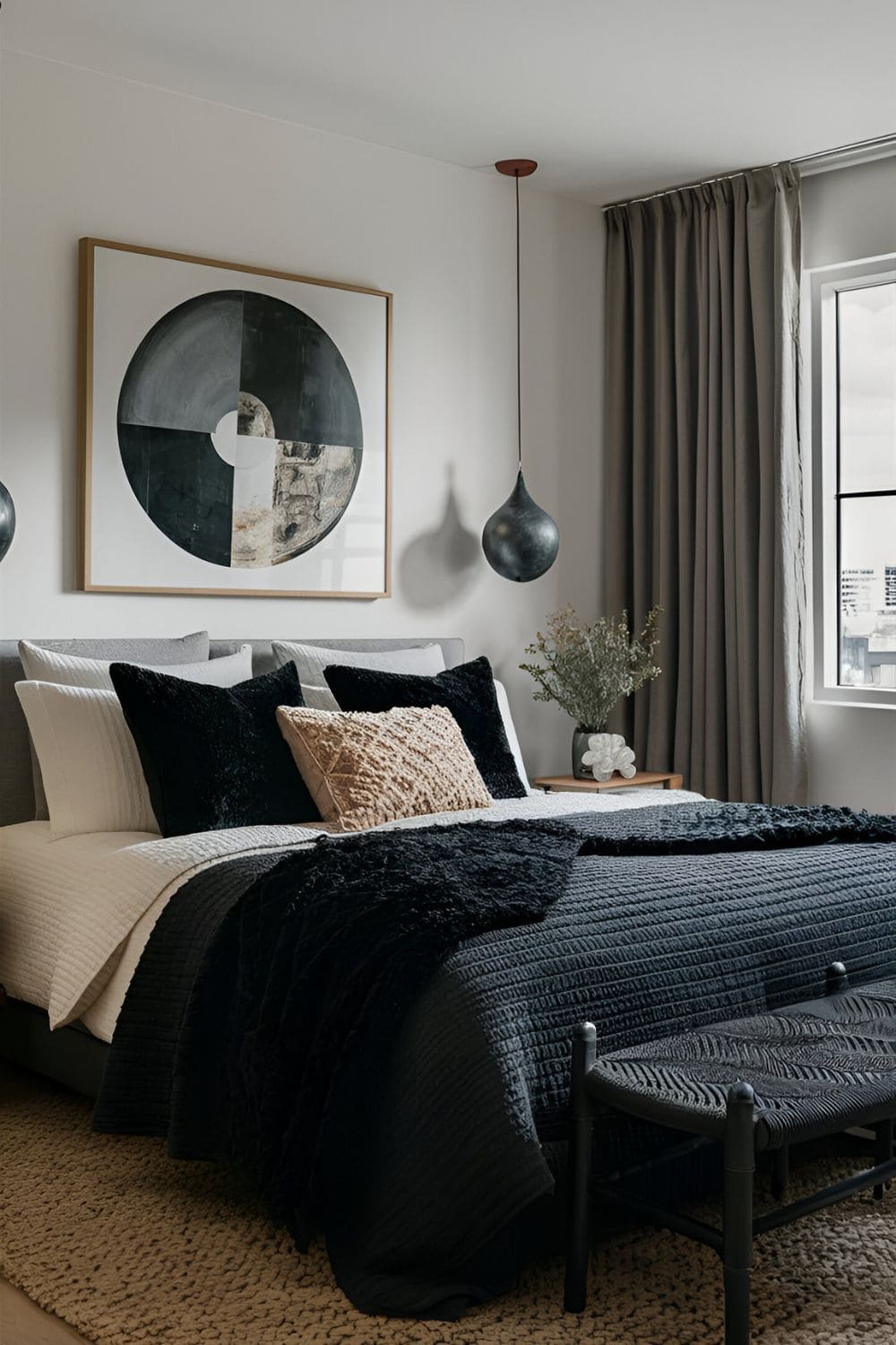 black bedroom with black pillows