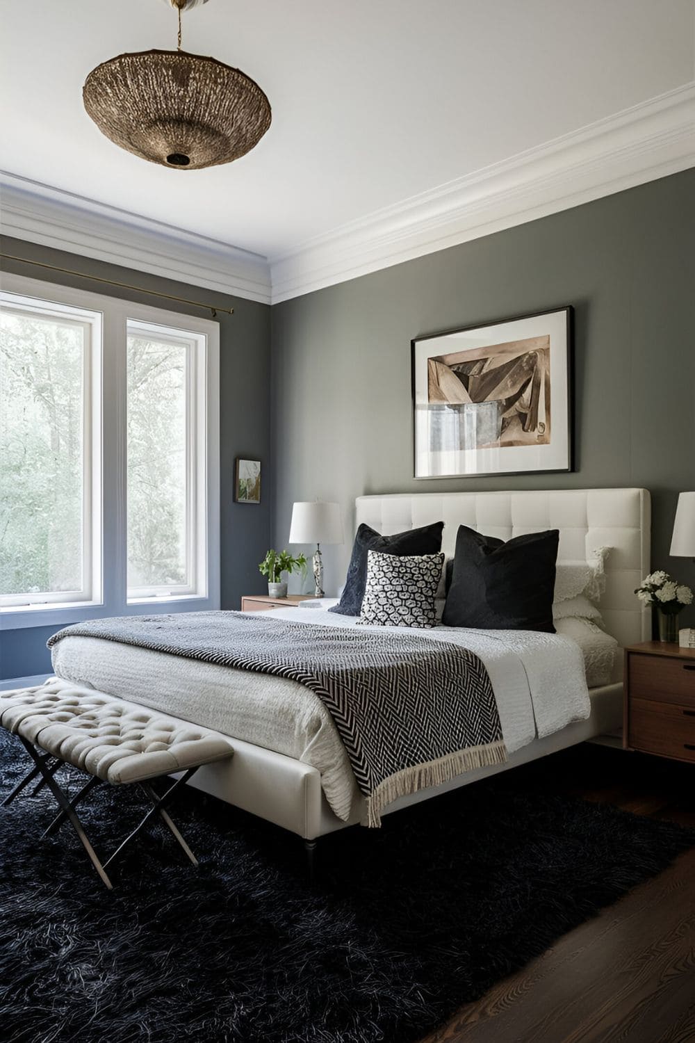 black bedroom with black rug