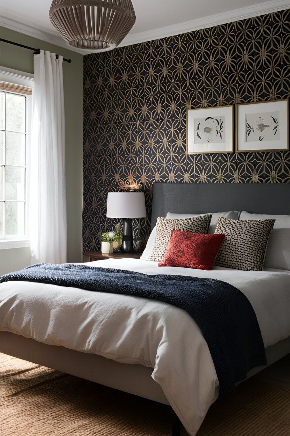 black bedroom with black wallpaper