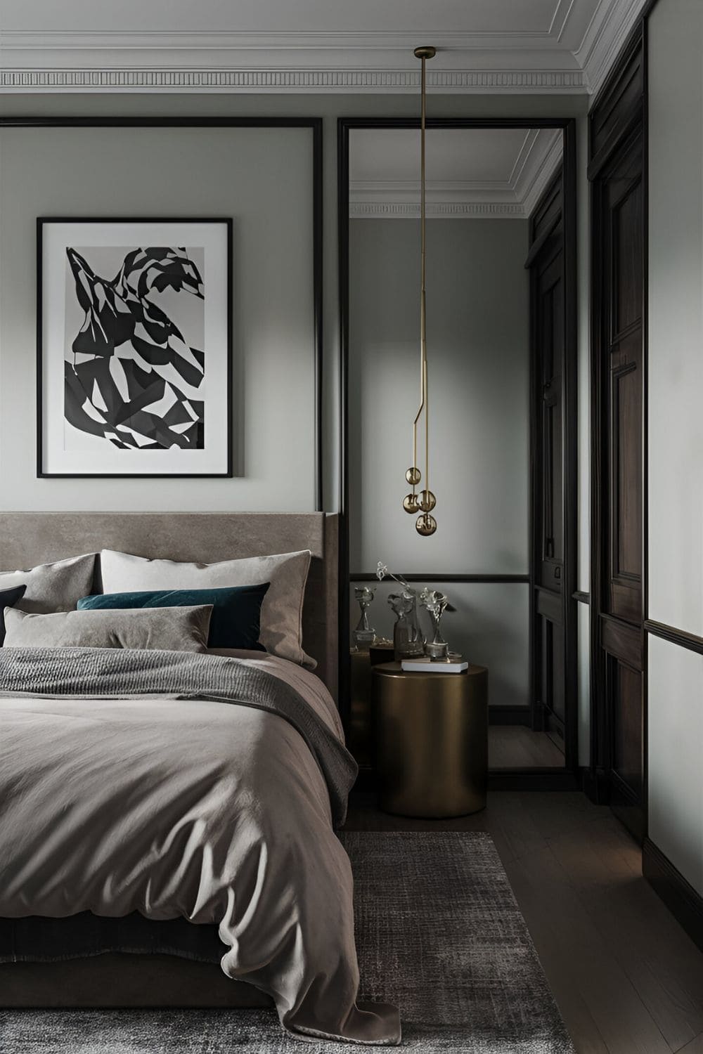 black bedroom with large mirrors