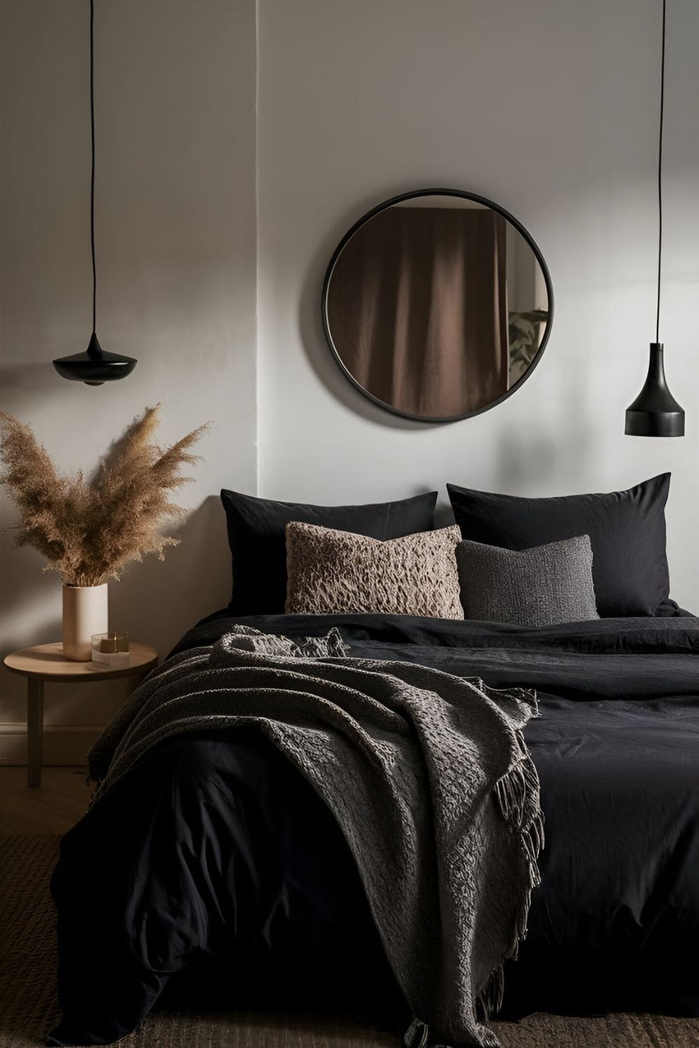 black bedroom with layered black fabric