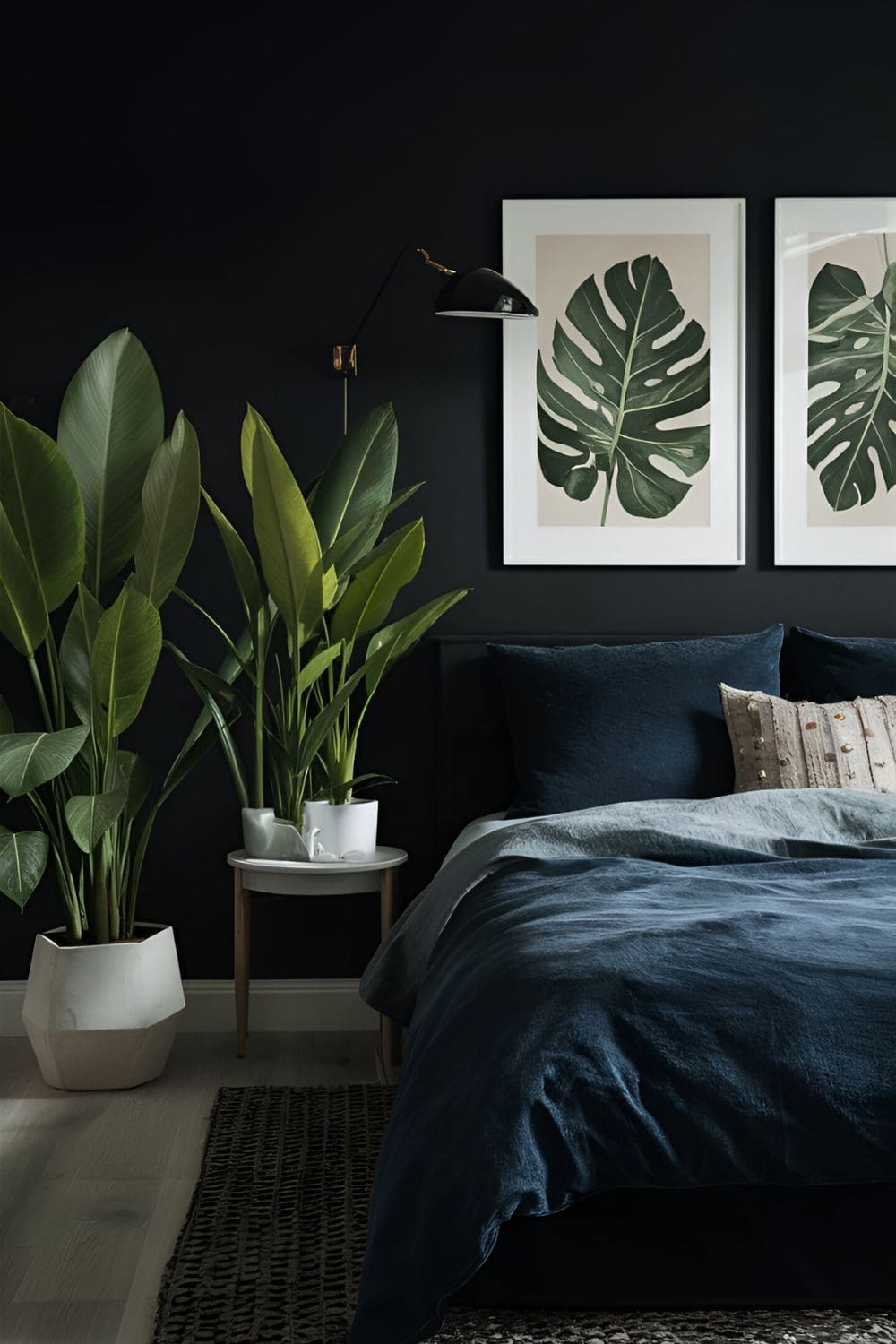 black bedroom with plants