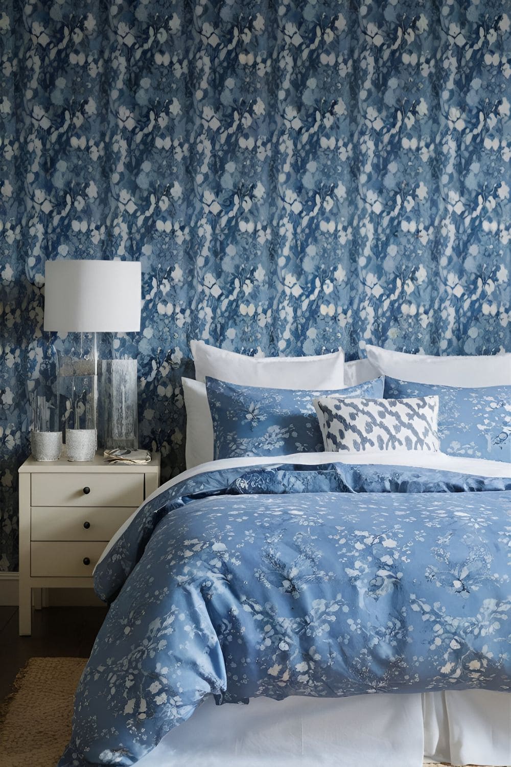 blue bedroom with blue florals