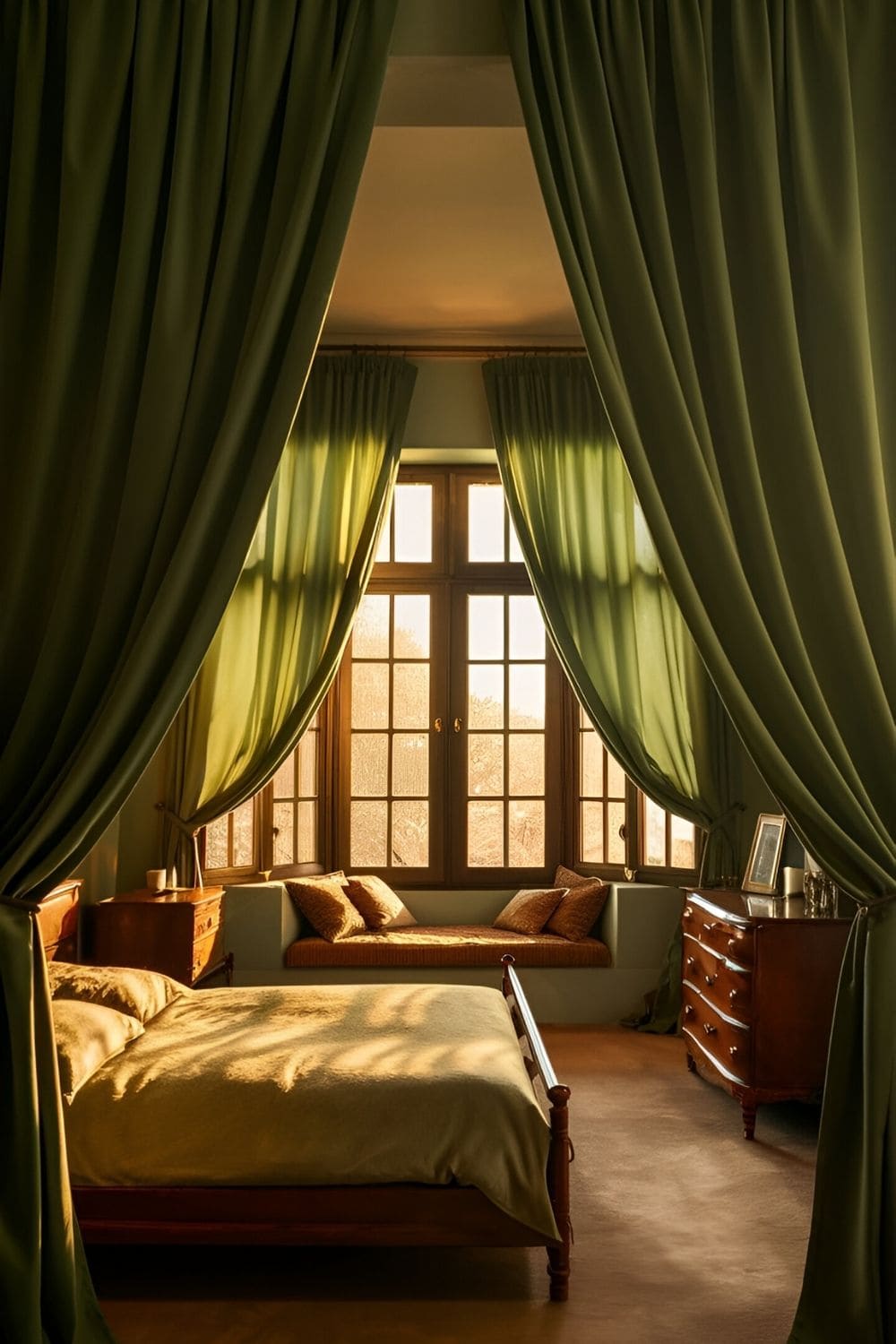 green bedroom with curtains