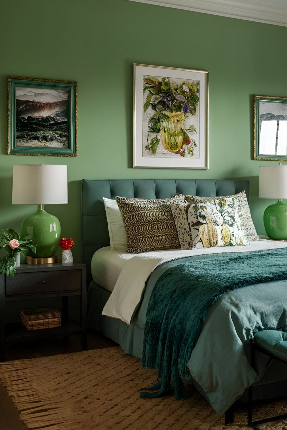 green bedroom with green accent accessories