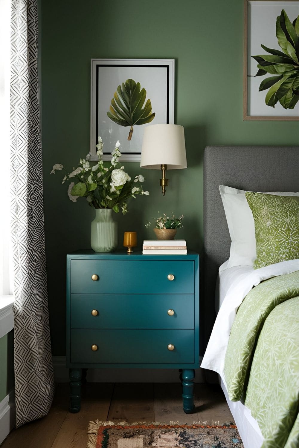 green bedroom with green contrast furniture