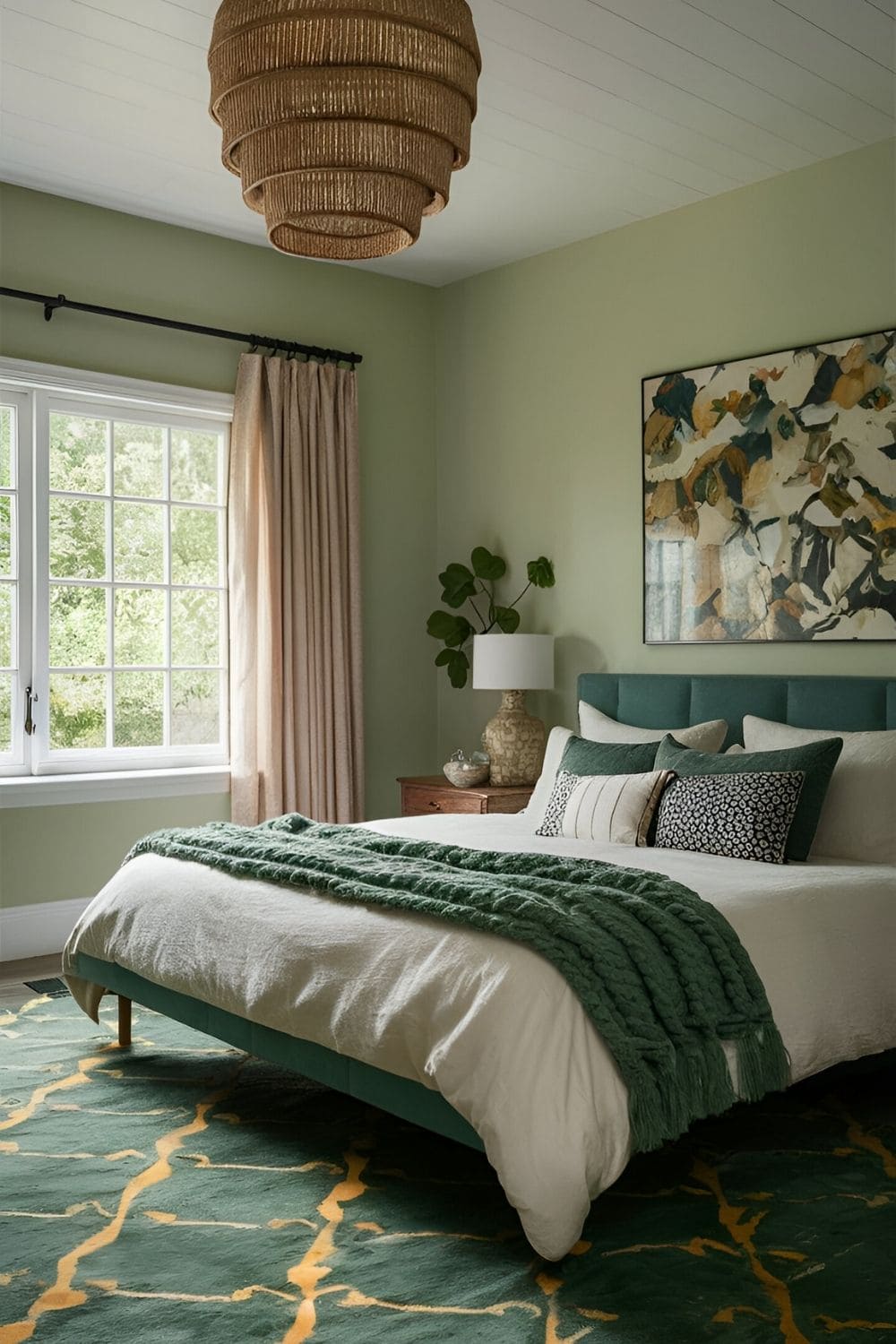 green bedroom with green rugs