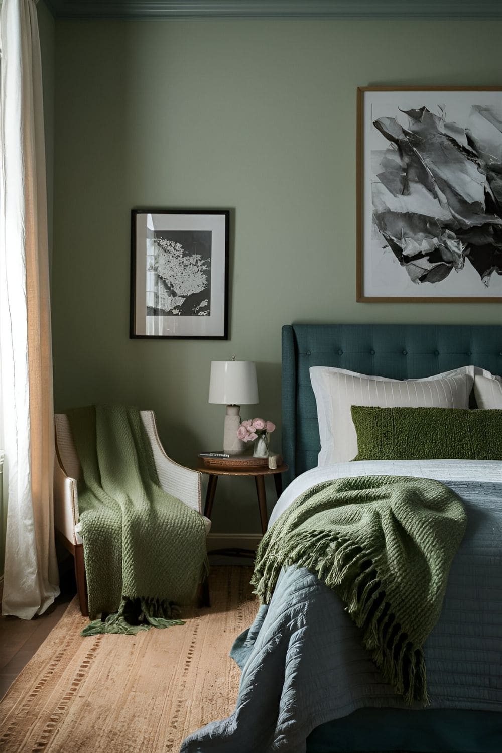 green bedroom with green throws